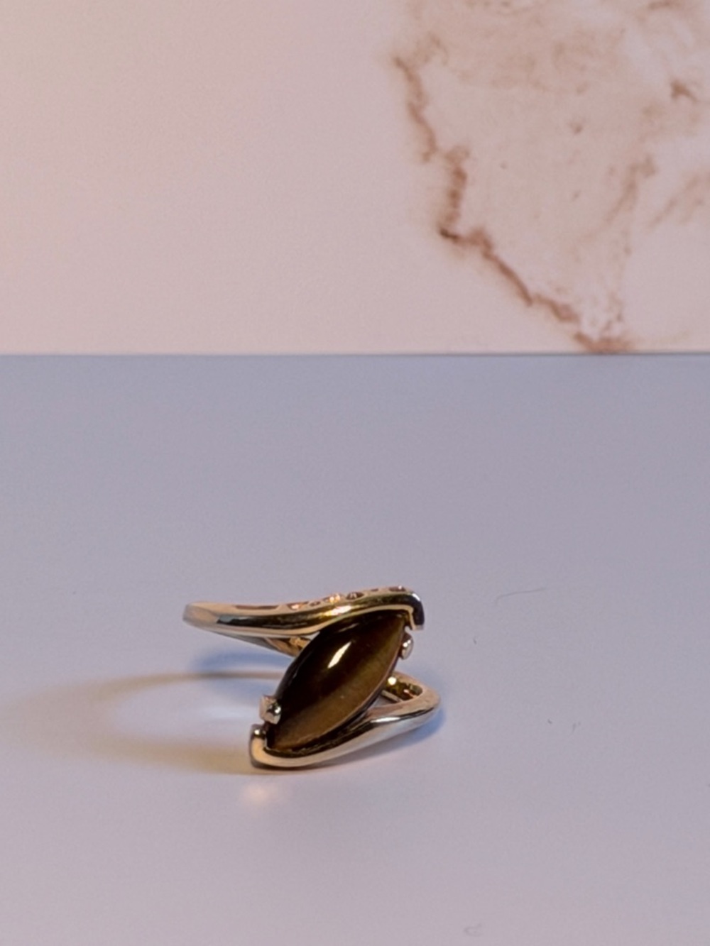 Gold Tone Tiger’s Eye Statement Ring – Marquise Stone – Size 6